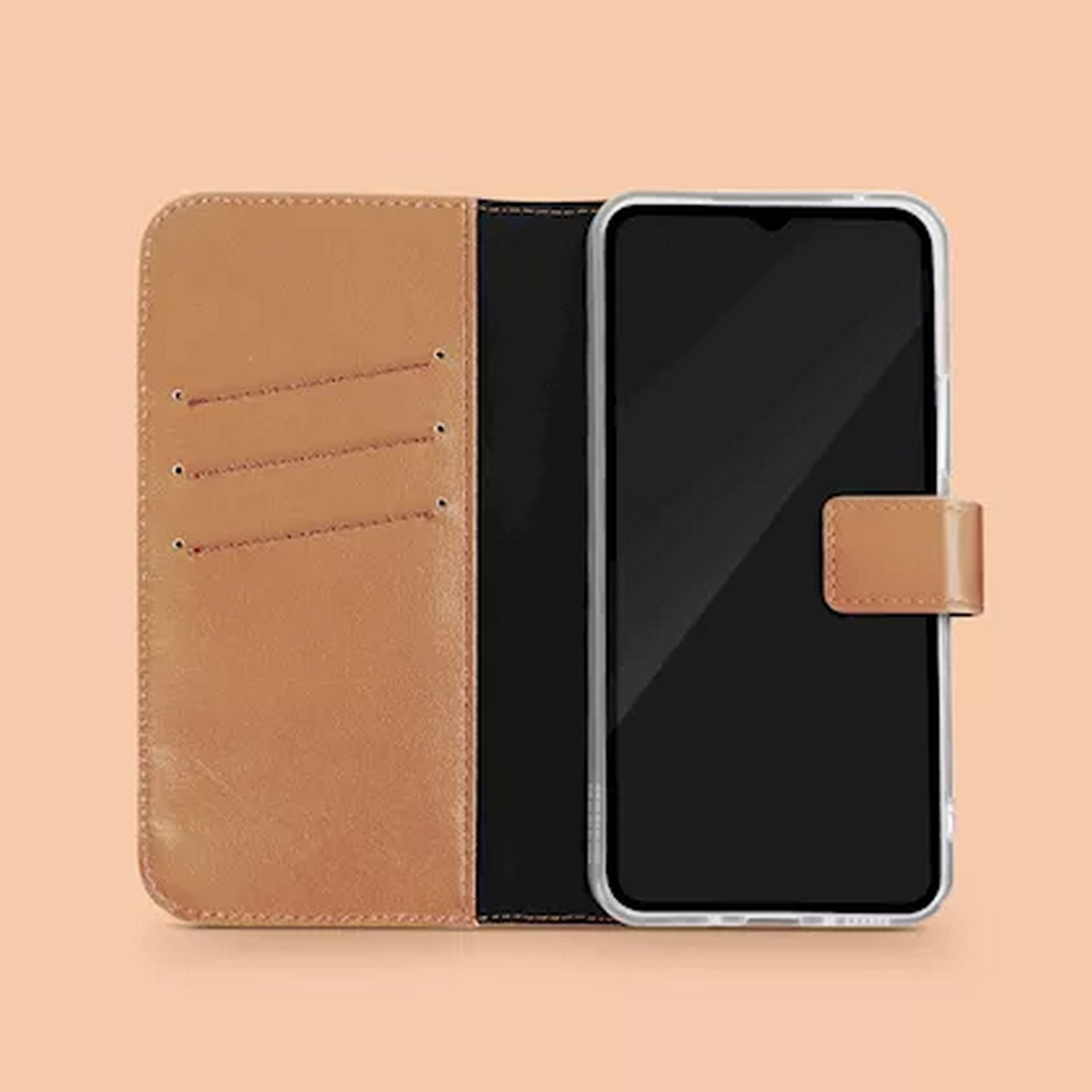 Open telefoonhoes met telefoon erin, bruin lederen buitenkant en zwart interieur met sleuven.