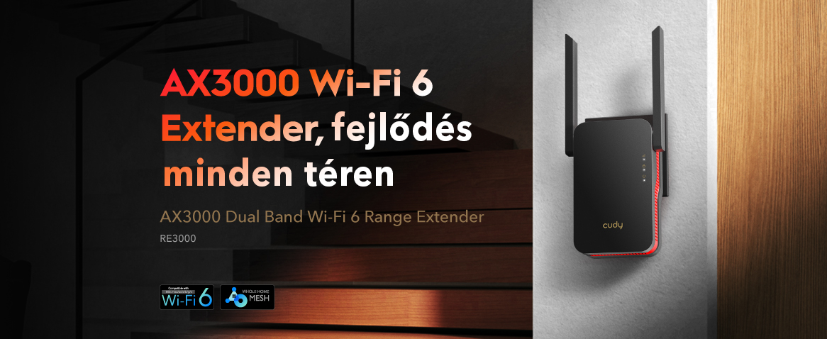 Wi-Fi 6 Extender. Szöveg balra, fekete extender jobbra. Falra szerelve.