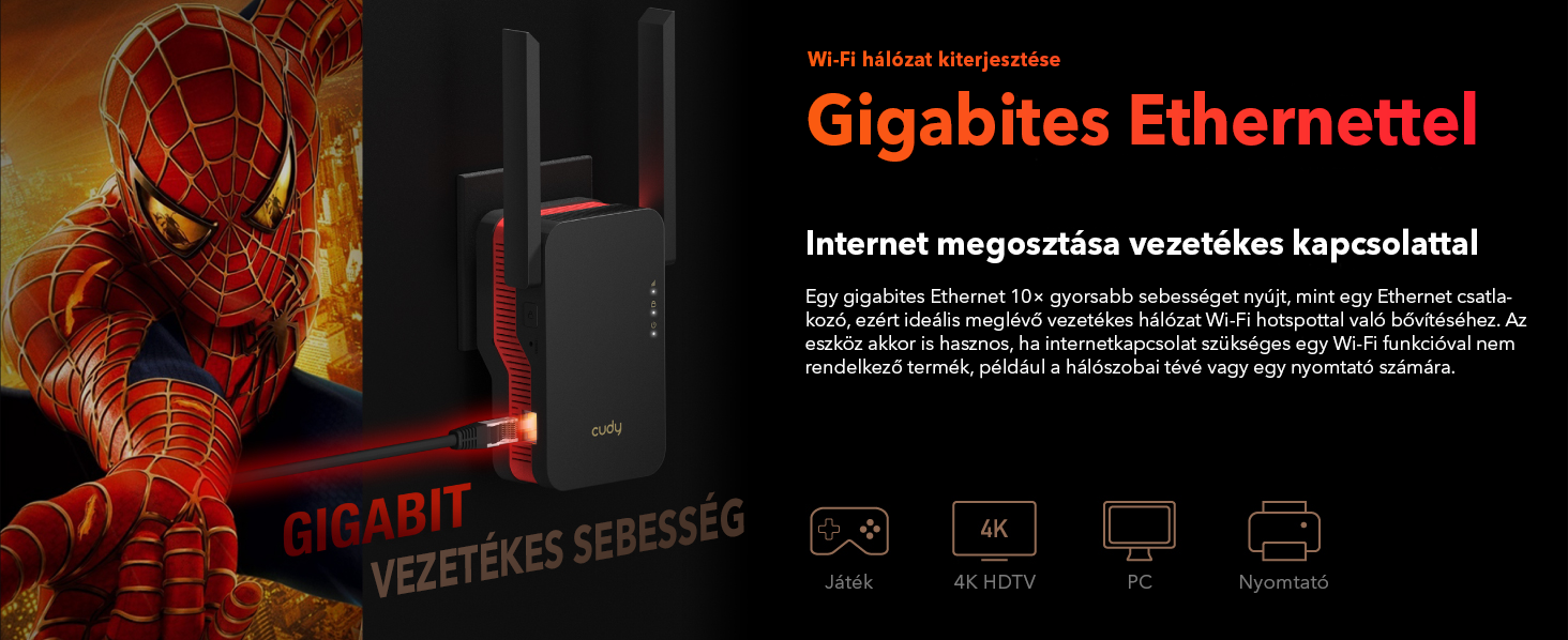 Wi-Fi jelerősítő két antennával, a háttérben Pókember illusztrációval.