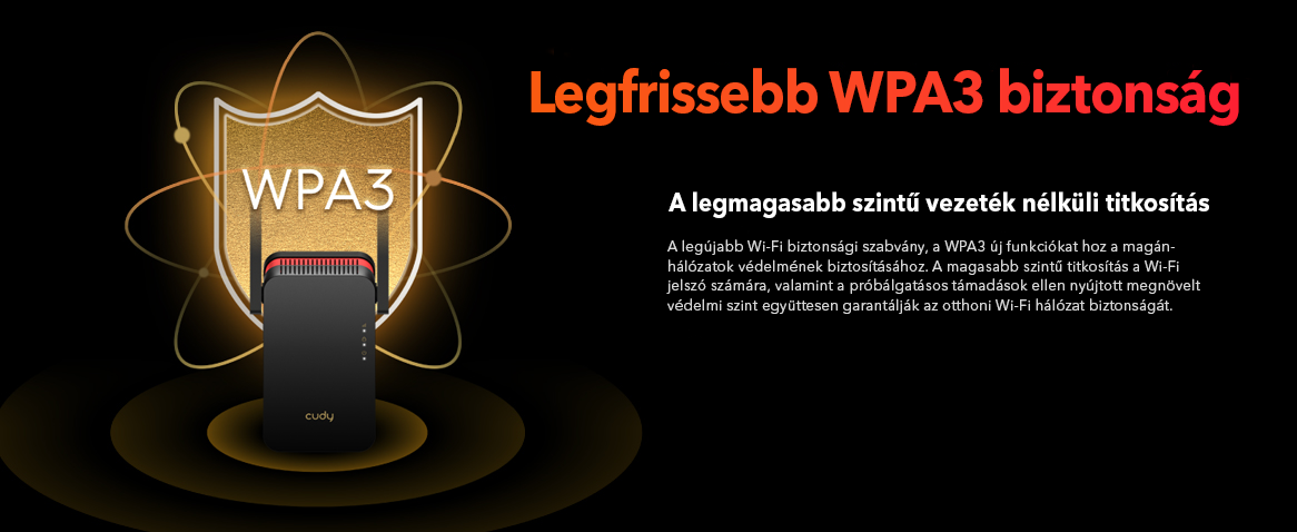 Arany pajzs WPA3 szöveggel és fekete routerrel, sötét narancssárga gradiensen.