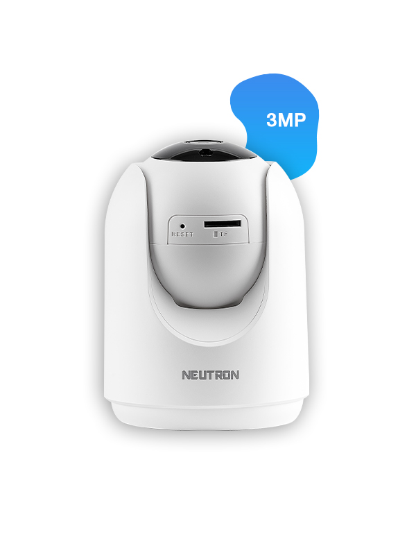 NEUTRON kelimesi ve "3MP" yazısı olan beyaz güvenlik kamerası, mavi bir baloncuğun içinde.