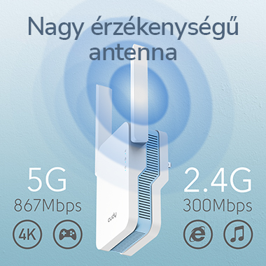Fehér és kék antenna szöveggel: 5G 867Mbps, 2.4G 300Mbps. 4K, játék és zene ikonokat tartalmaz.