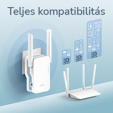 Egy fehér router és egy fehér hálózati bővítő, ikonokkal, amelyek a jelerősséget és a csatlakoztatott eszközöket mutatják.
