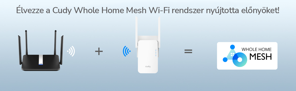 Router, Wi-Fi bővítő és a 'Whole Home Mesh' szavak illusztrációja egy Wi-Fi rendszerhez.