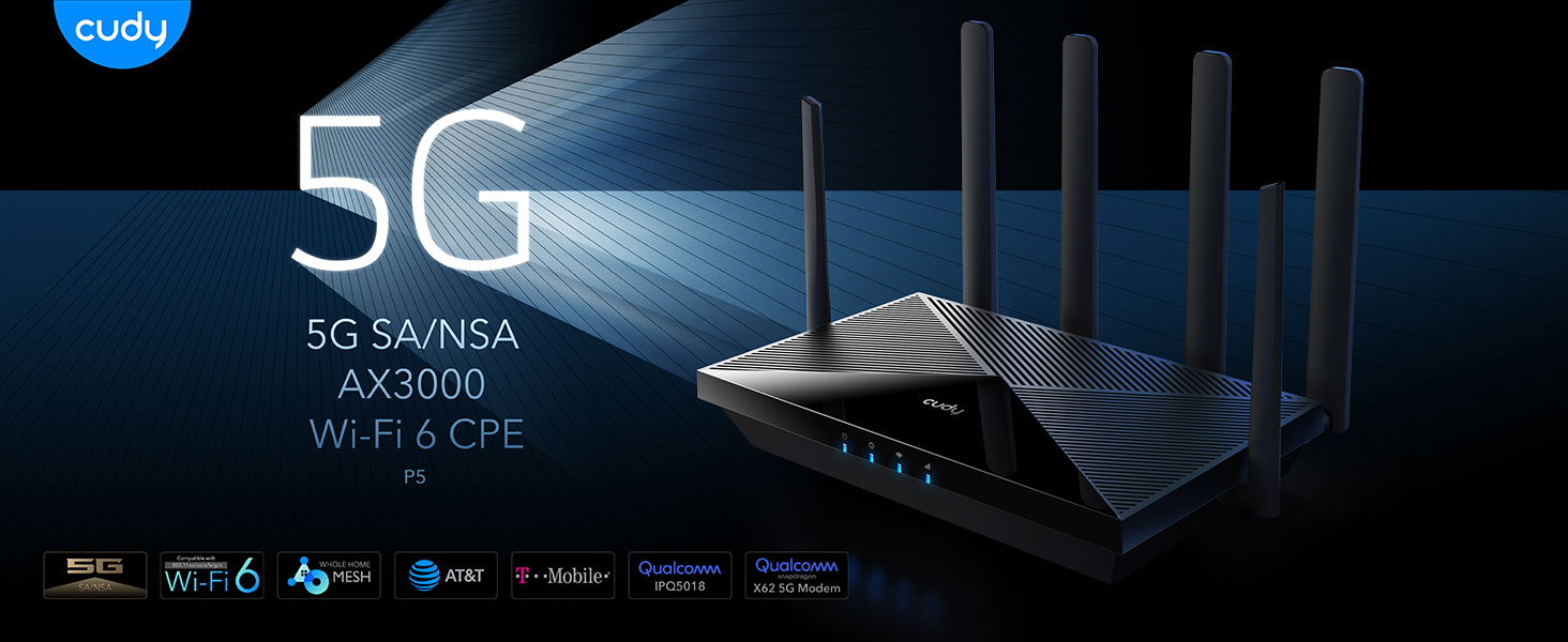 Egy 5G router, 5G, 5G SA/NSA, AX3000 Wi-Fi 6 CPE felirattal. A router fekete, antennákkal.
