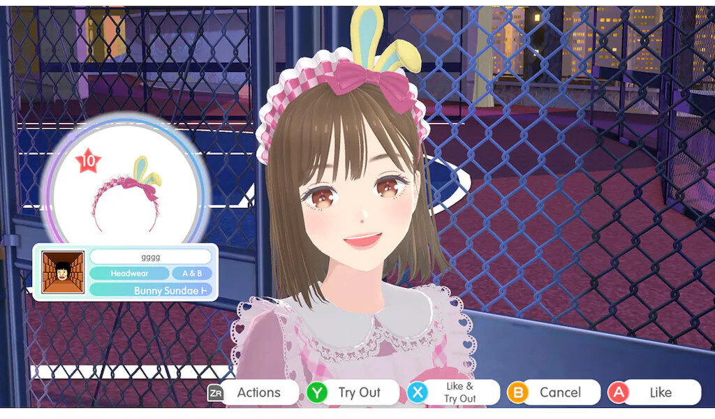Dziewczyna z anime w różowej sukience z uszami królika, używająca interfejsu próbnego w grze.