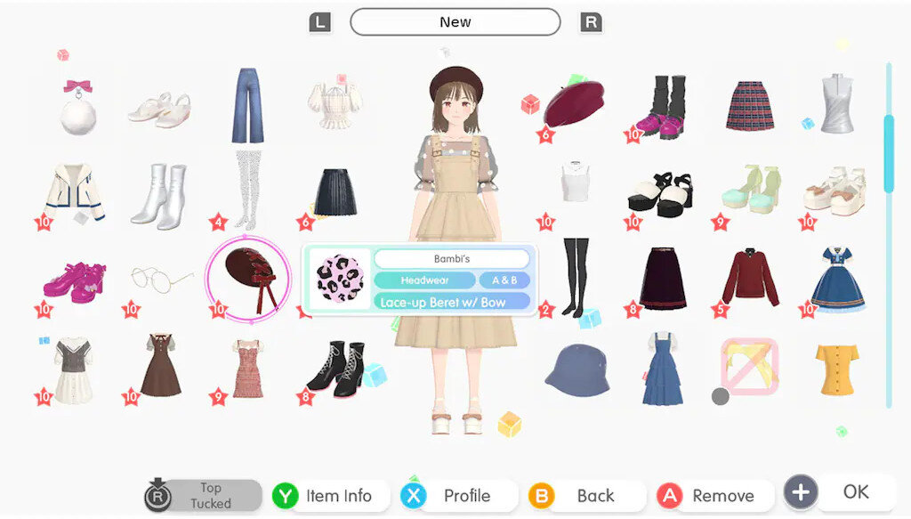 Ekran pokazujący postać z różnymi opcjami ubioru. Tło to biało-zielony ekran.