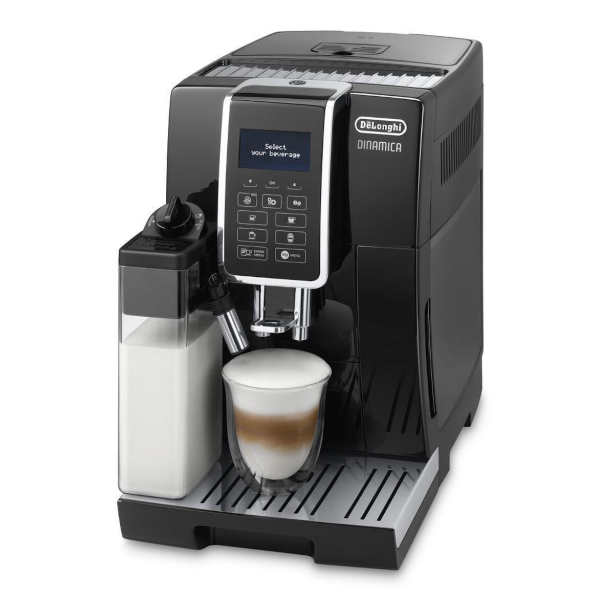 Czarny i srebrny ekspres do kawy z szklanym kubkiem wypełnionym latte. Wyświetlacz pokazuje opcje napojów.