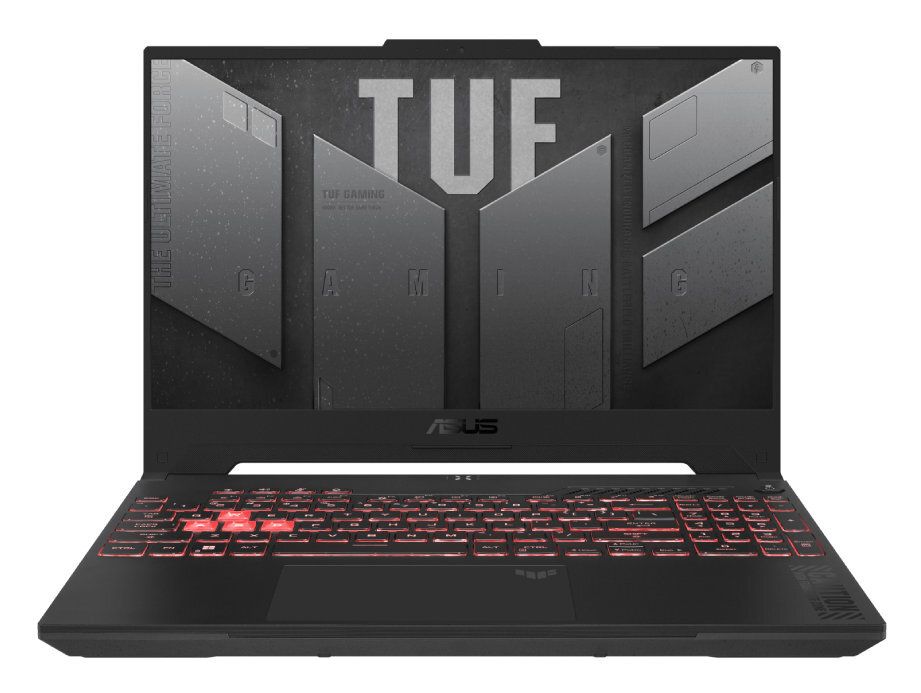 Czarny laptop do gier ASUS TUF z podświetlaną czerwoną klawiaturą.