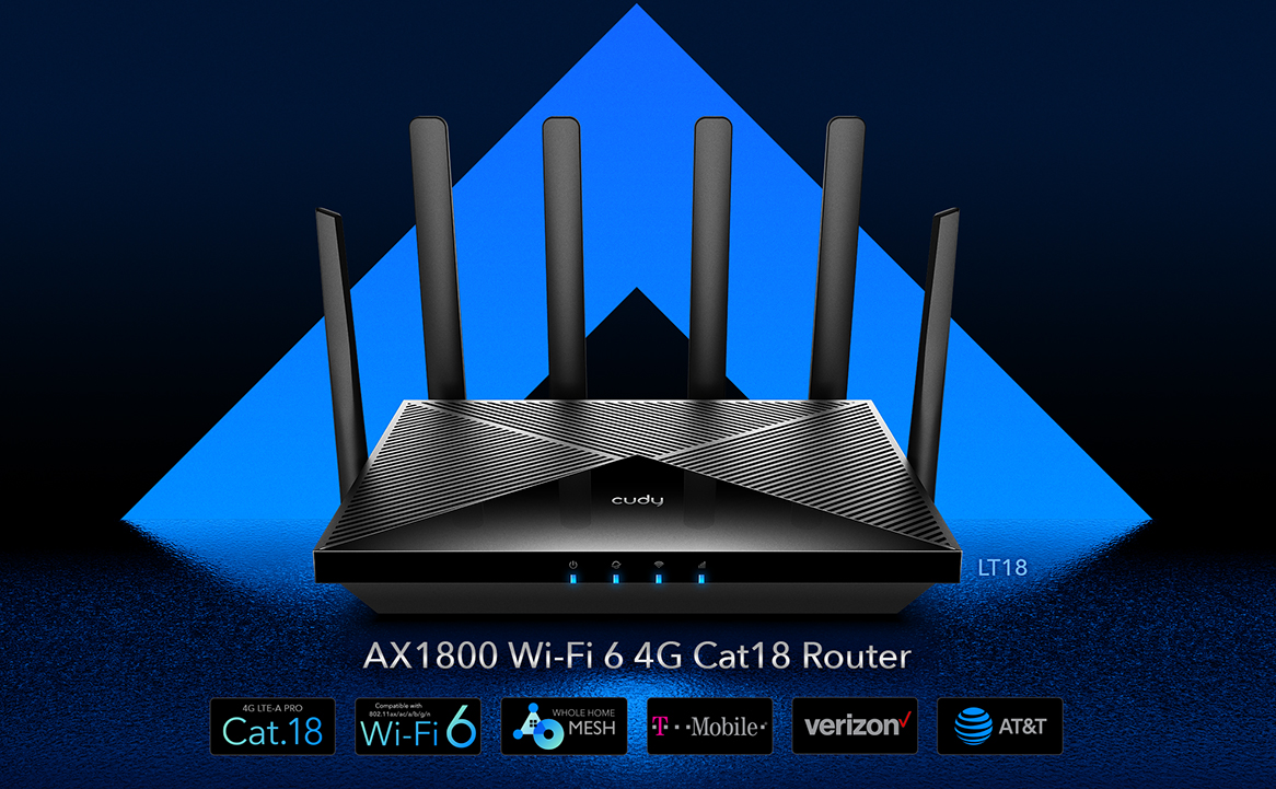 Wi-Fi router antennákkal és kék háttérrel, szöveggel és logókkal.