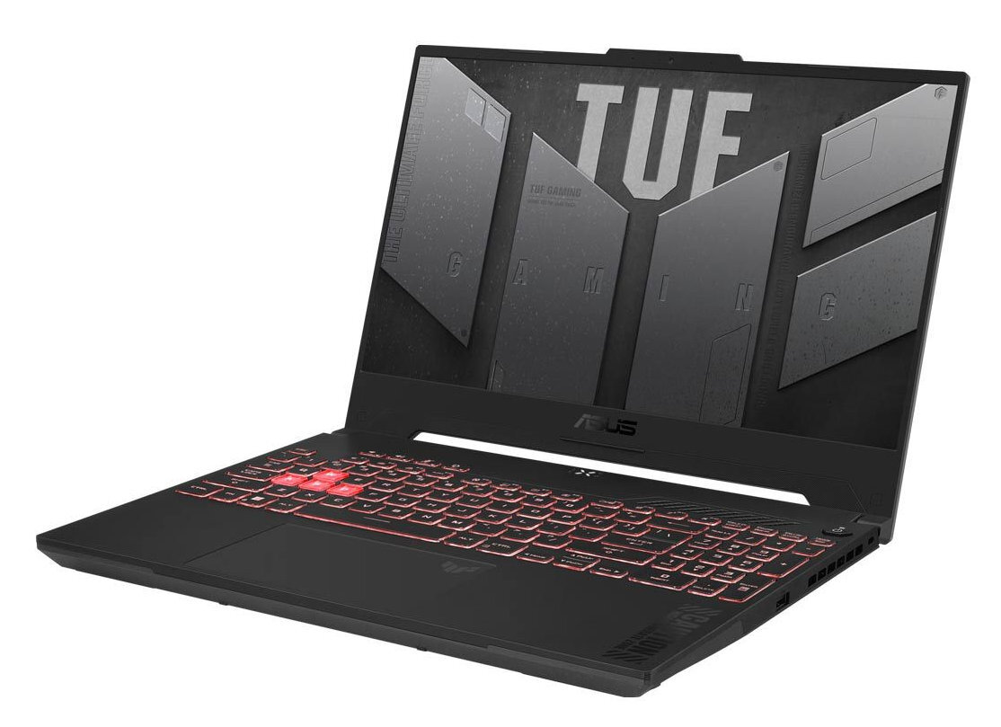 Czarny laptop z czerwoną klawiaturą, z logo ASUS TUF GAMING na pokrywie.