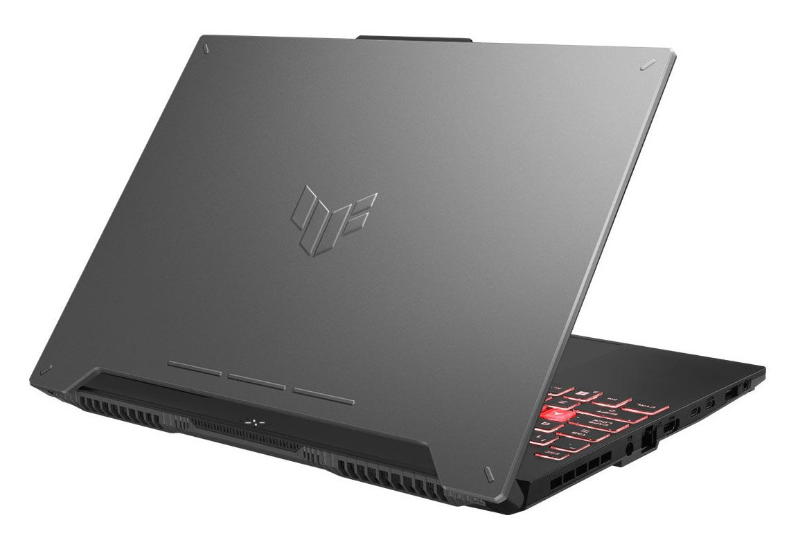 Tył laptopa z logo. Ciemnoszary, podświetlana na czerwono klawiatura, logo na obudowie.