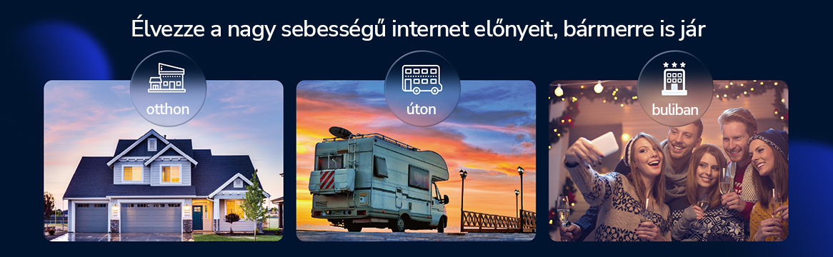 Képek, amelyek internet-hozzáférést mutatnak otthon, úton és egy partin.