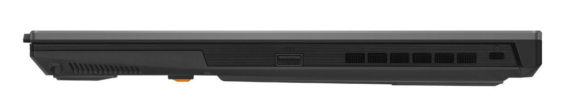 Widok z boku czarnego laptopa z portami i otworami wentylacyjnymi na białym tle.