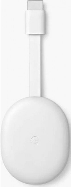 Białe urządzenie Google Chromecast z podłączonym kablem USB-C i wtyczką.