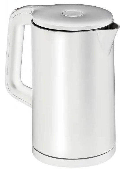 Biały czajnik elektryczny z lekko otwartą pokrywą i białą podstawą. Stoi na białej powierzchni.