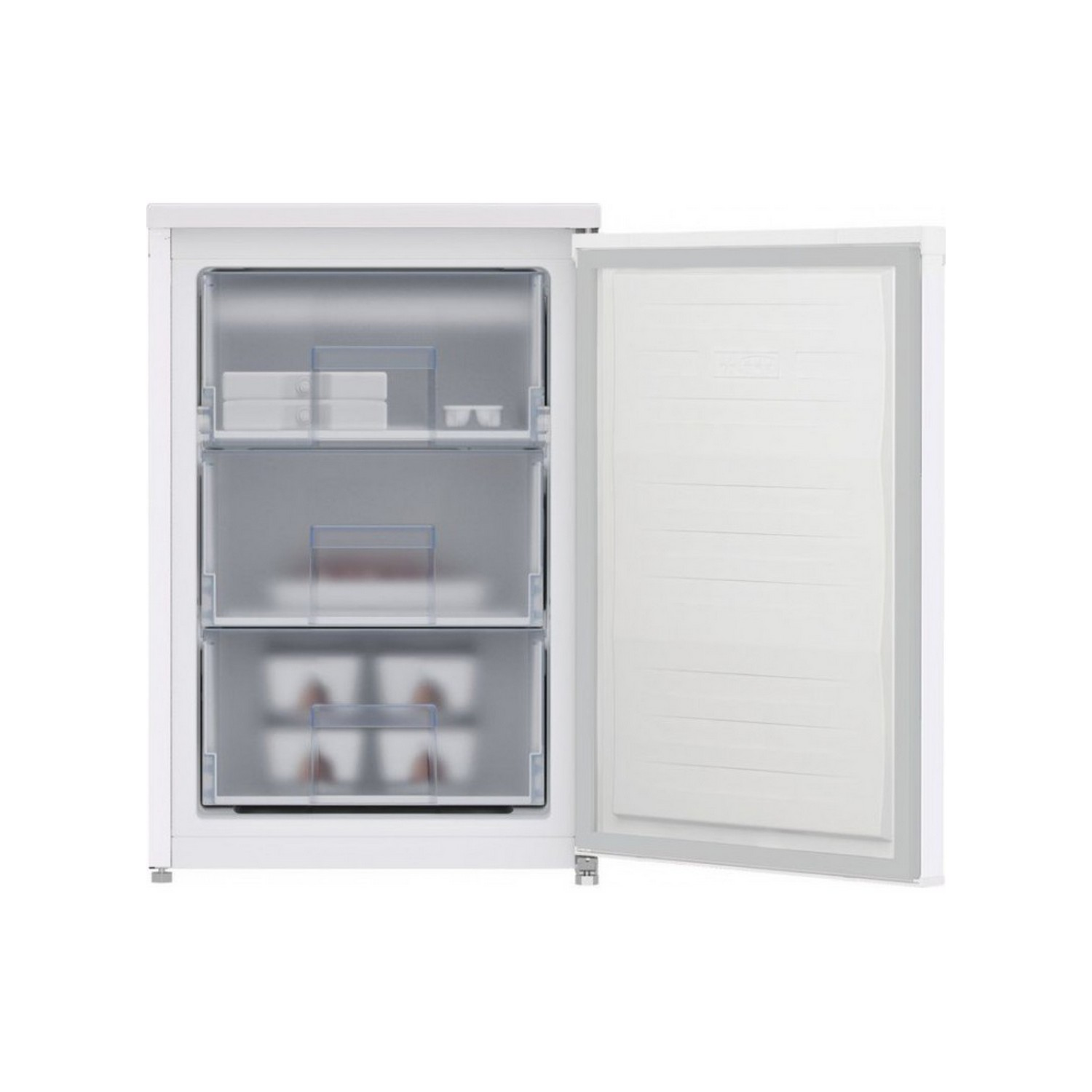 White freezer with open door, showing shelves and contents. The door is on the right.
