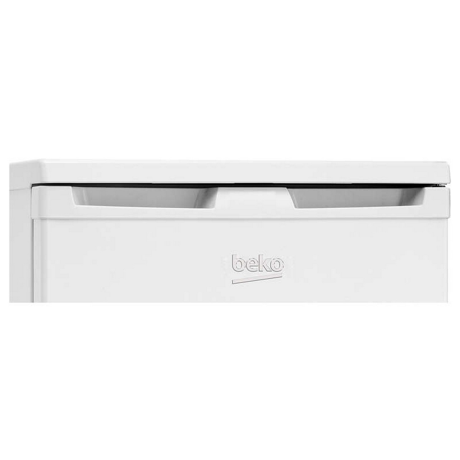 White refrigerator door handle. The Beko logo is visible below the handle.