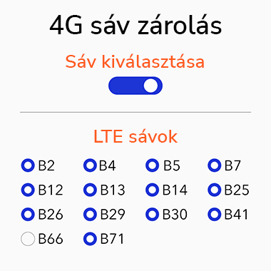 Magyar nyelvű felület, kapcsolóval és LTE sáv opciókkal.