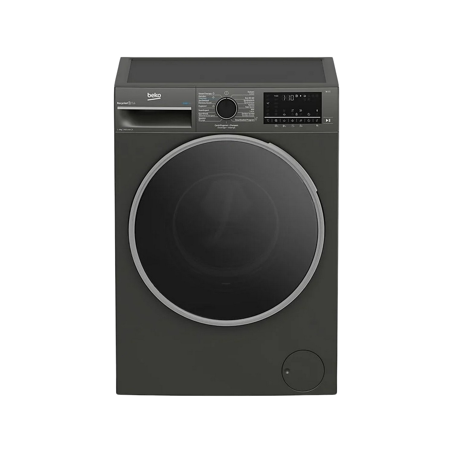 Beko wasmachine. Donkergrijze kleur. Voorlader. Digitaal display. Zwarte achtergrond.