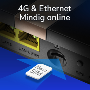 4G és Ethernet portokkal rendelkező router, nano SIM kártya behelyezve. Kék nyíl a SIM behelyezését jelzi.