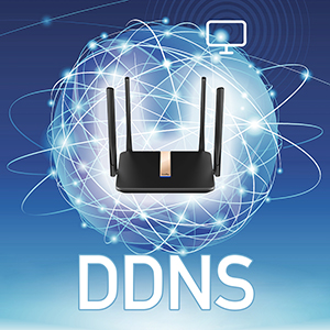Egy fekete router antennákkal. A DDNS szó a router alatt van.