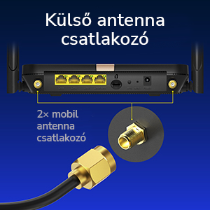 Fekete router hátulnézete antennacsatlakozókkal és külső antennával.