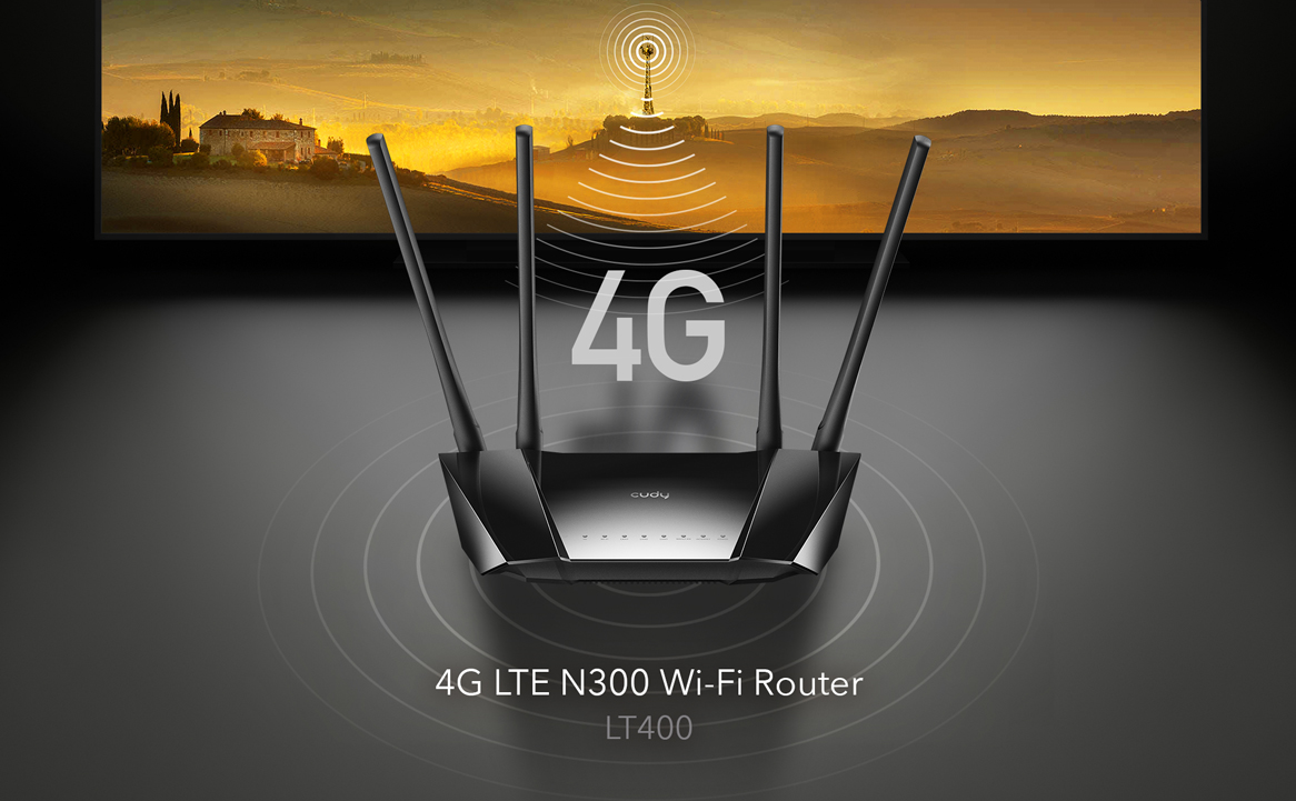 Fekete 4G LTE N300 Wi-Fi router antennákkal. A 4G logót és egy tájképet mutat.