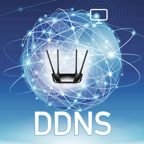 Egy router antennákkal egy vonalakból álló hálózatú gömb felett, a DDNS szöveggel.