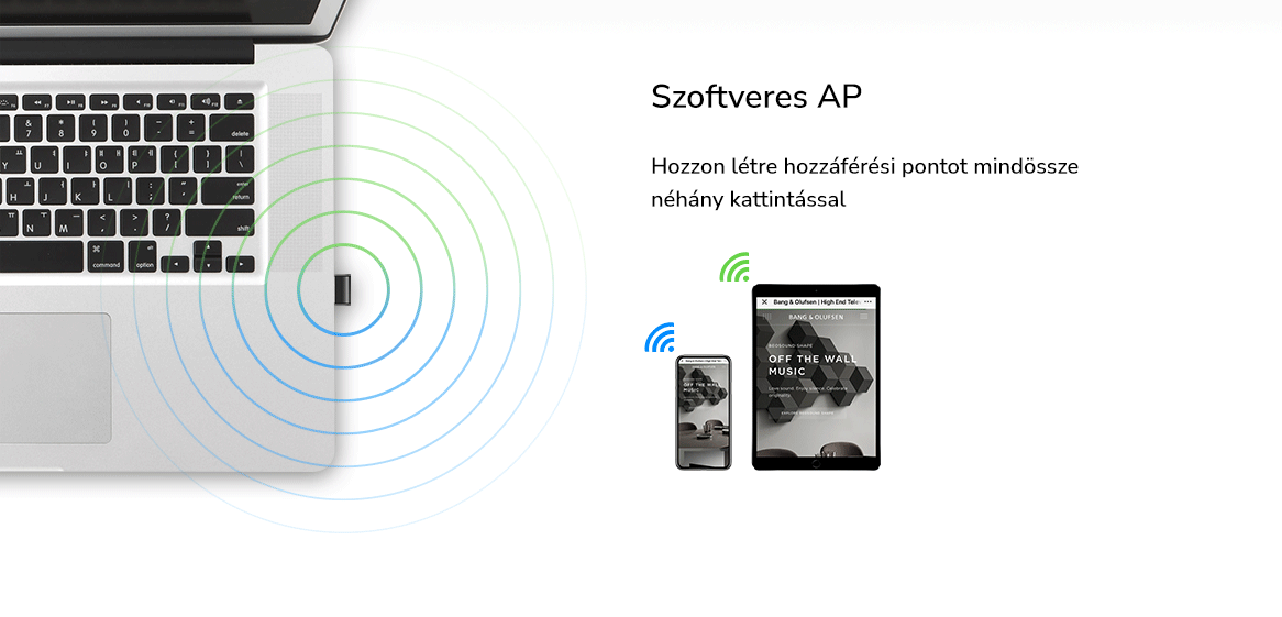 Laptop csatlakoztatott vezeték nélküli adapterrel és két mobileszközzel.