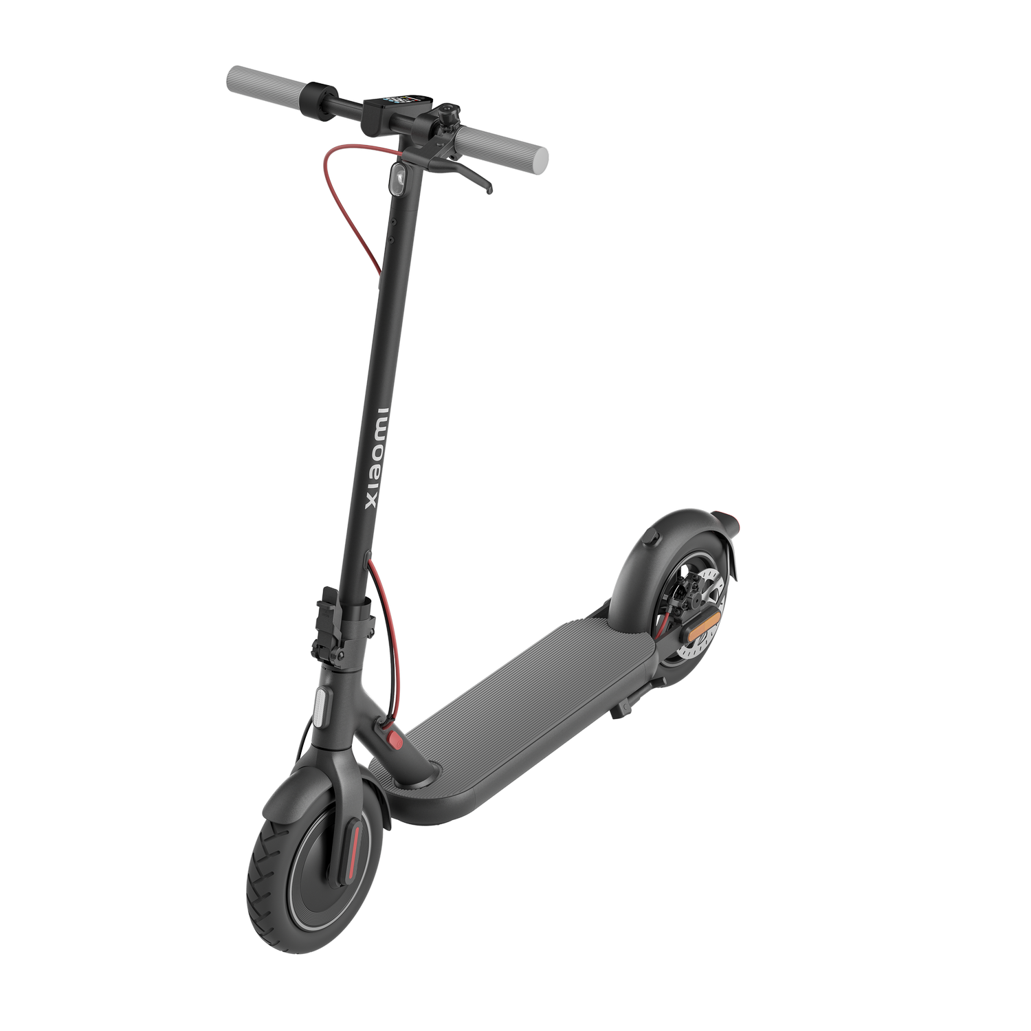 Scooter eléctrico negro con detalles rojos, de pie sobre una superficie negra.