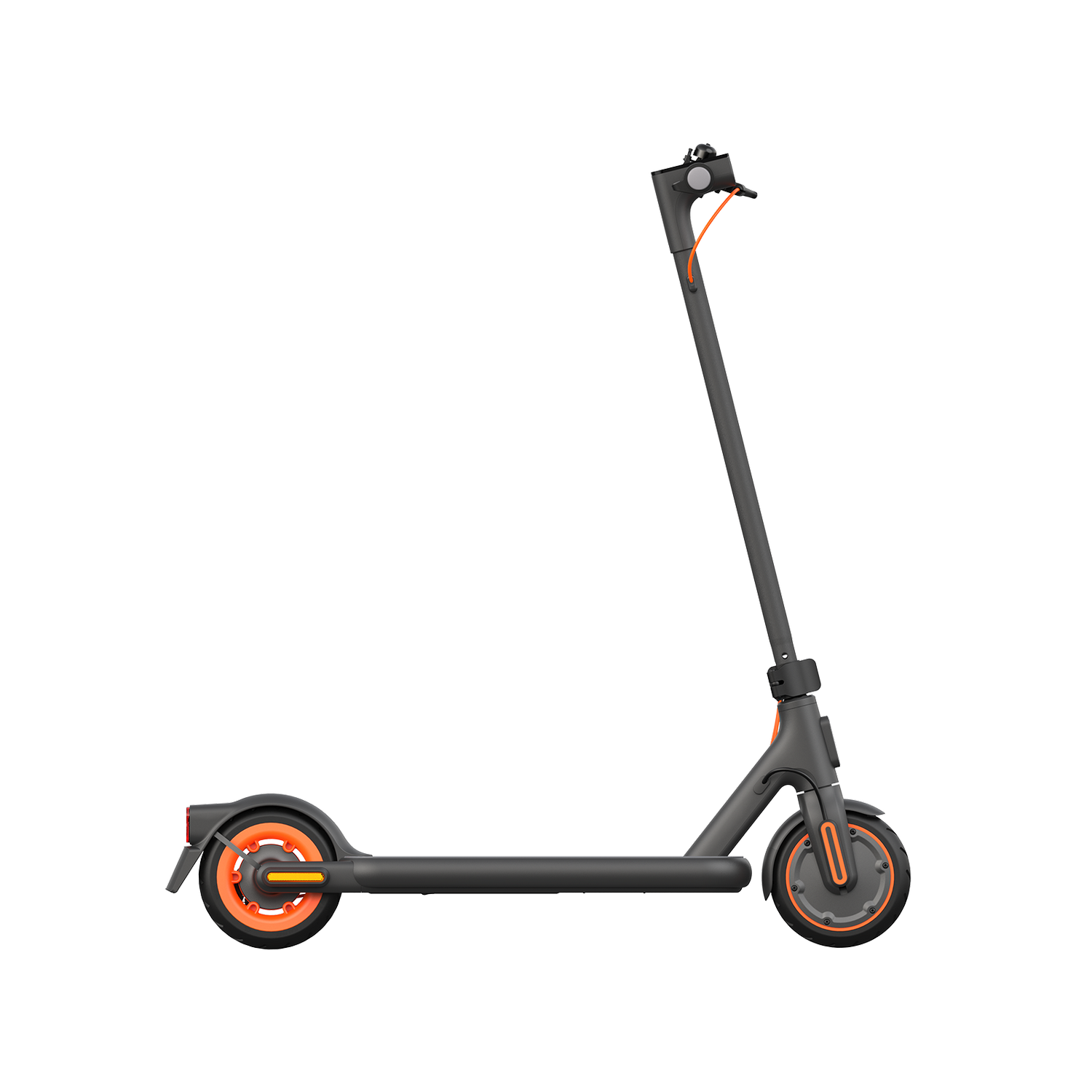 Scooter eléctrico, negro y gris con detalles naranjas, sobre fondo negro.