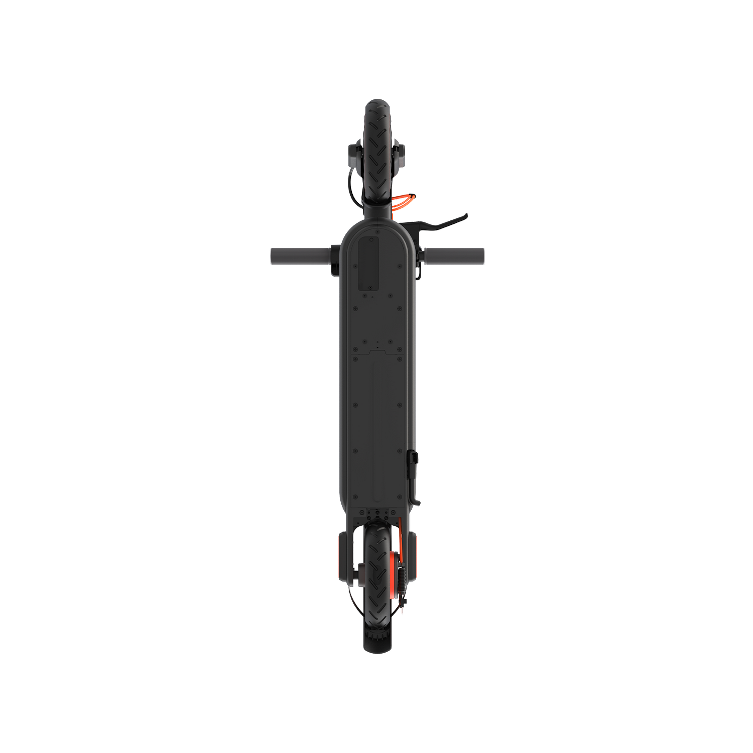 Scooter eléctrico desde arriba, negro con detalles naranjas. Manillar, plataforma y ruedas visibles.