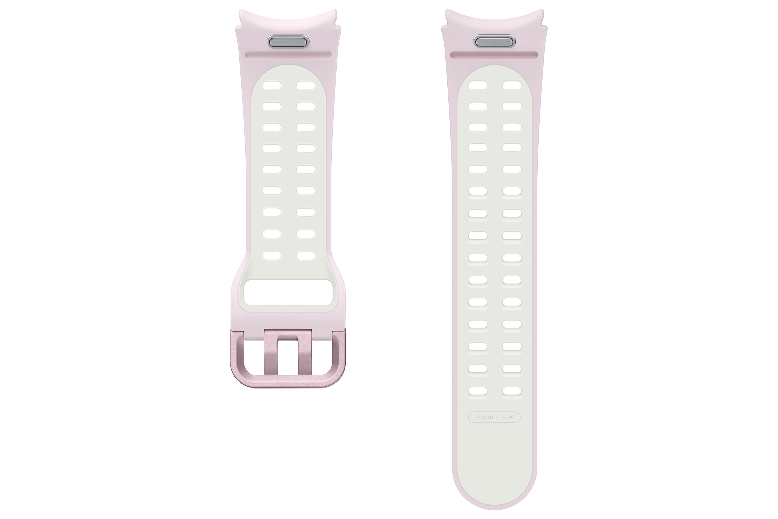 Dos correas de reloj rosa claro con detalles perforados blancos.