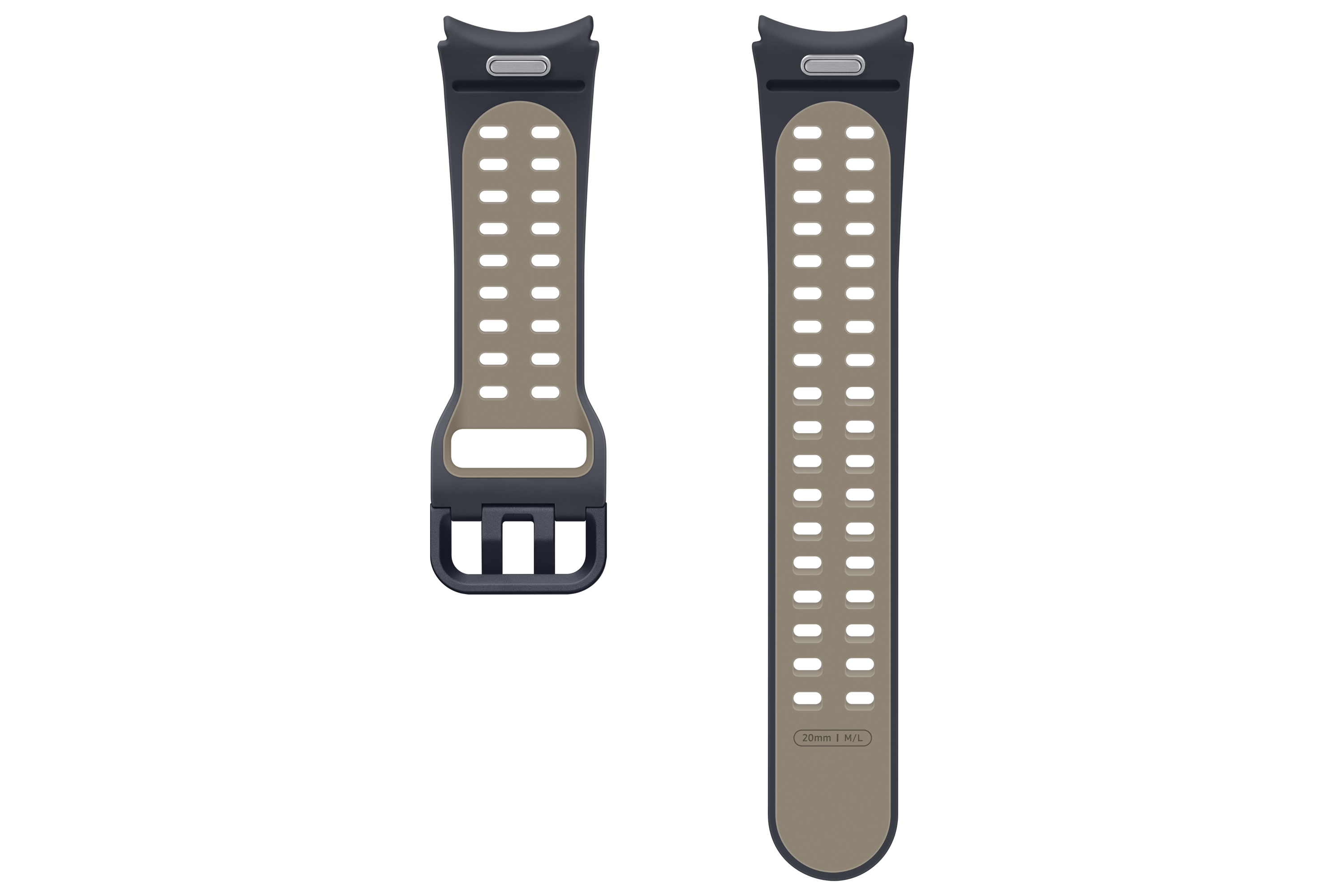 Correas de reloj, azul oscuro y beige, con agujeros. Hebilla visible en una.