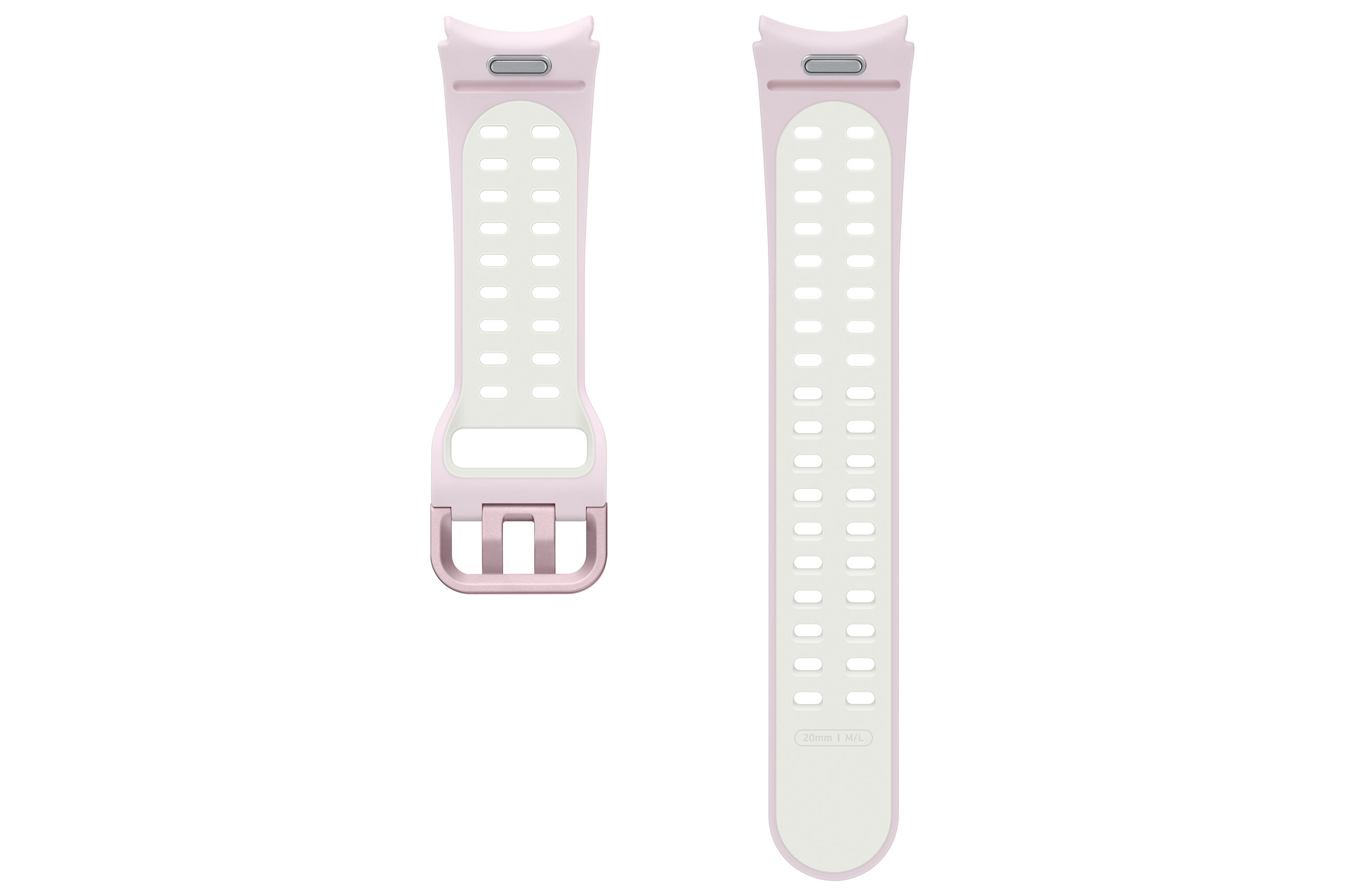 Correas de reloj rosas y blancas con agujeros y una hebilla, sobre un fondo negro.