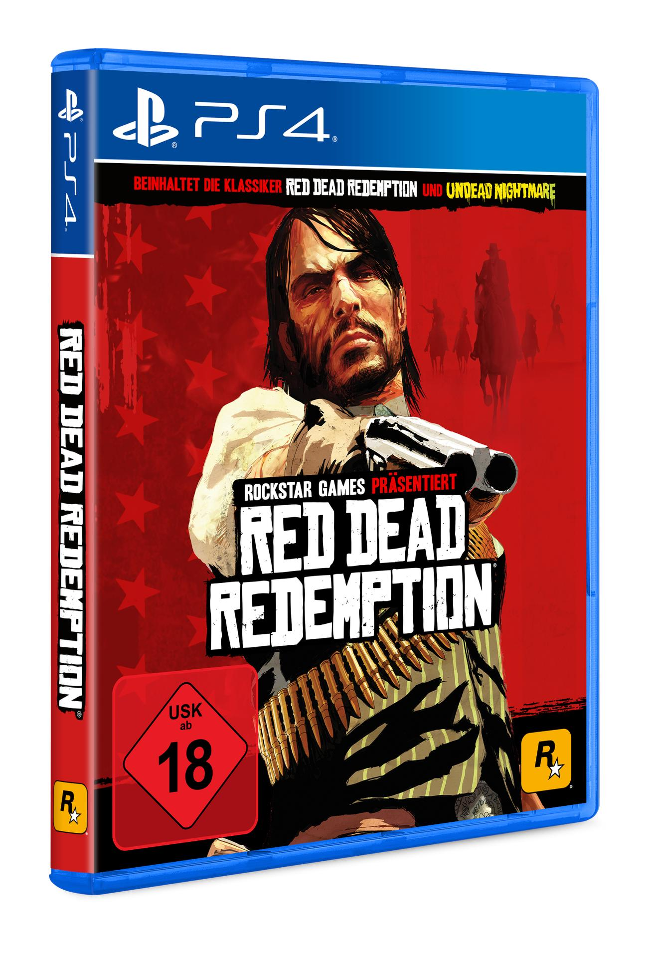 Red Dead Redemption PS4 Spielbox mit einem Mann, der eine Waffe hält.