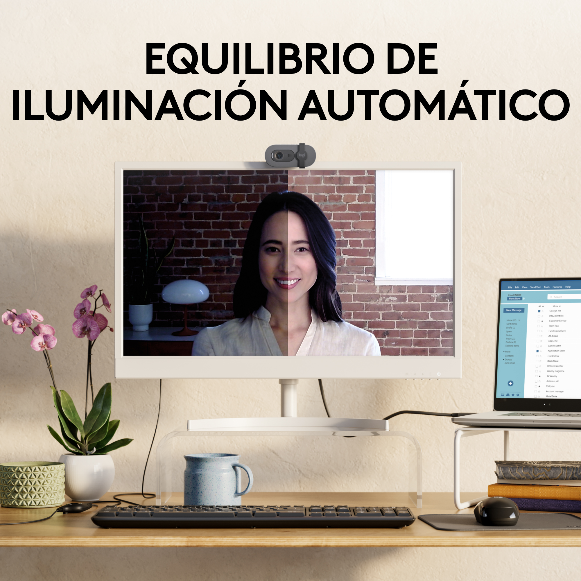 El rostro de una mujer iluminado por iluminación automática, monitor, plantas y taza.