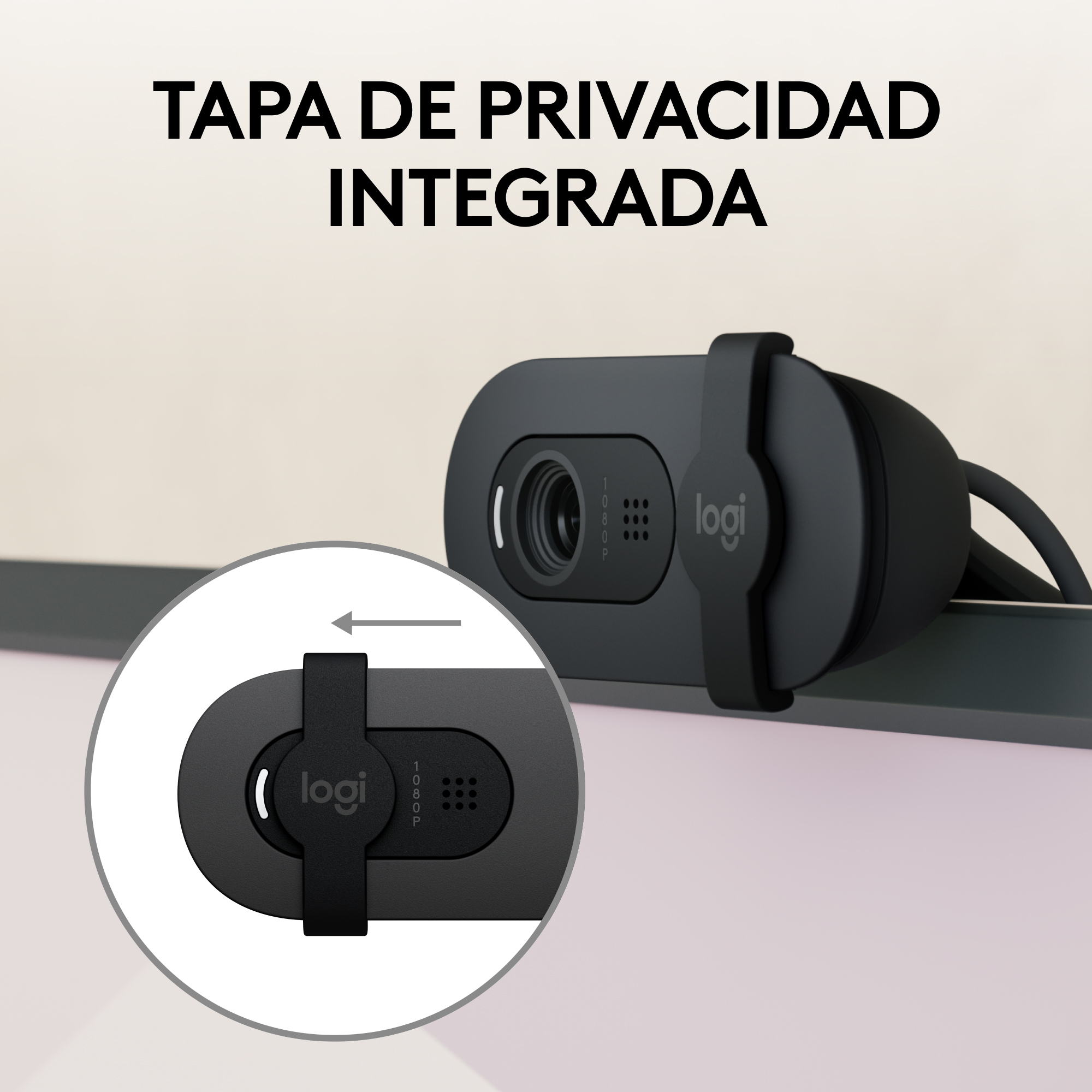 Cámara web negra con tapa de privacidad integrada, con primer plano.