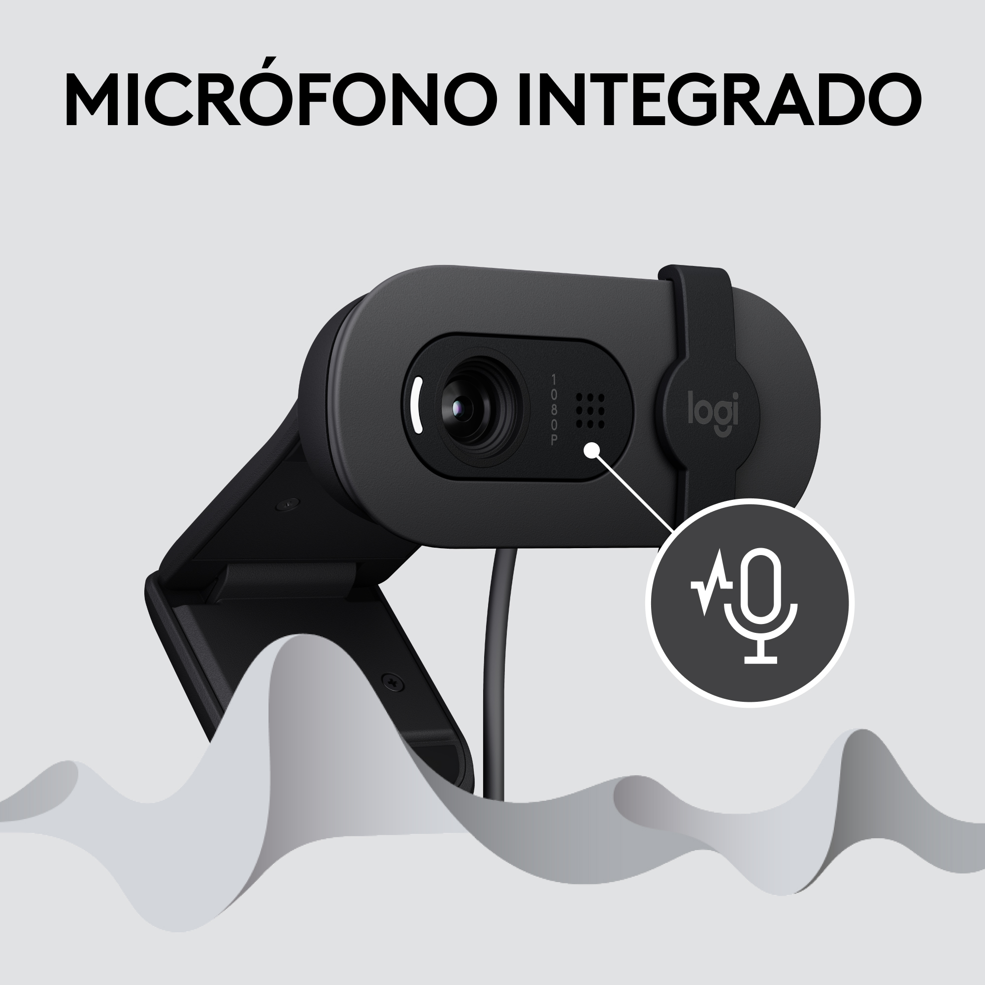 Cámara web negra con micrófono integrado. Muestra un icono de micrófono.