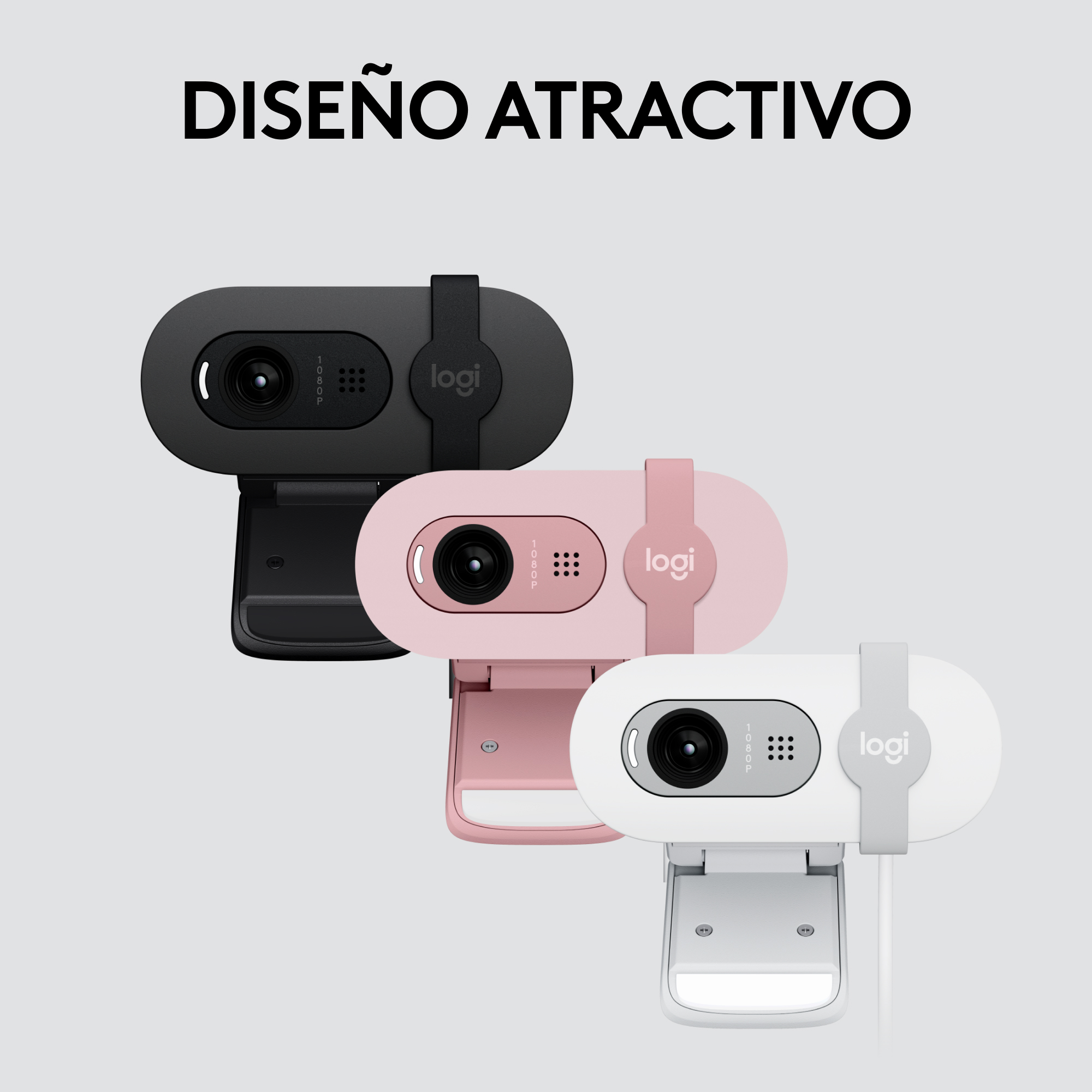 Tres webcams en negro, rosa y blanco, con soportes. El texto dice 'Diseño Atractivo'.