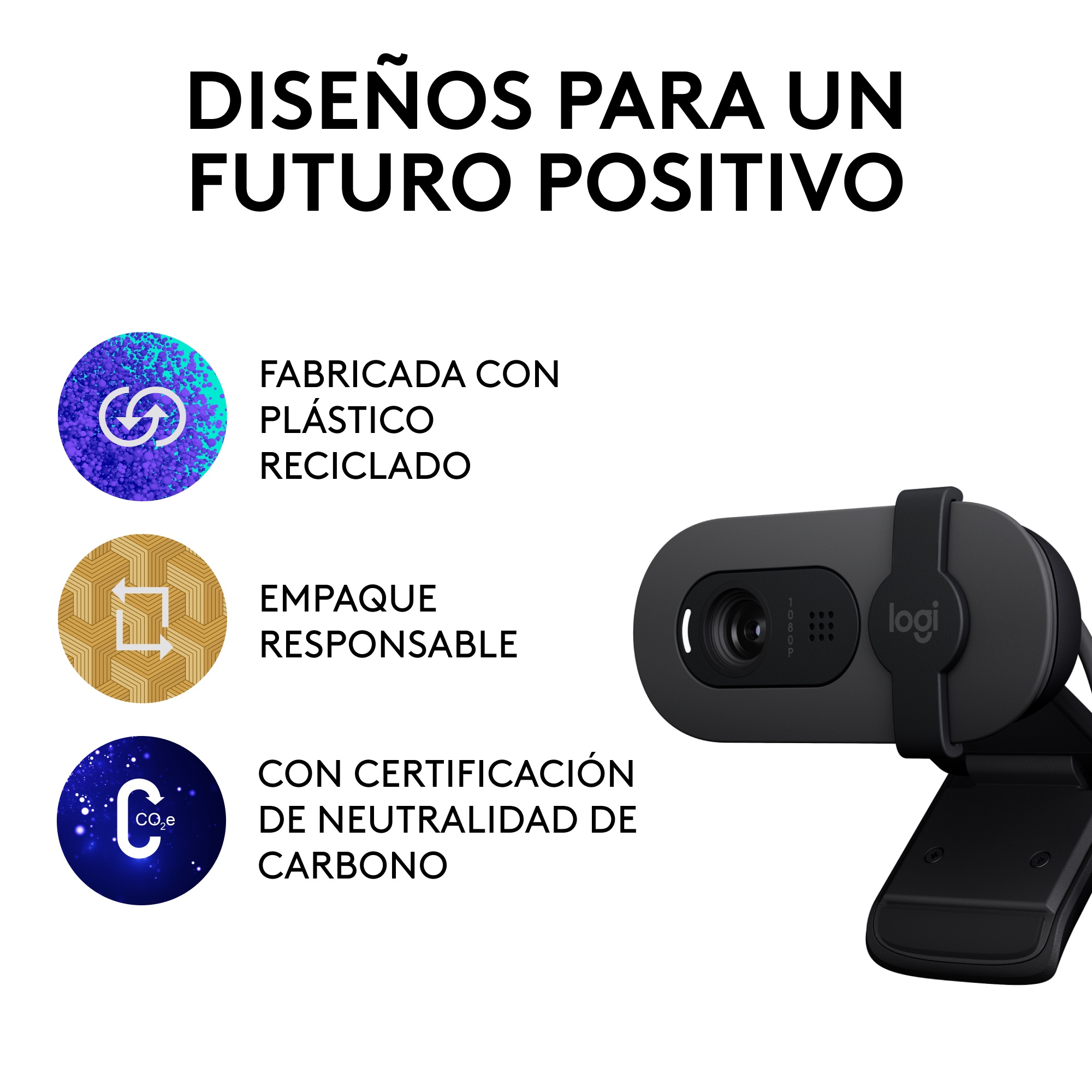 Cámara web Logi con texto sobre plástico reciclado, embalaje responsable y neutralidad de carbono.