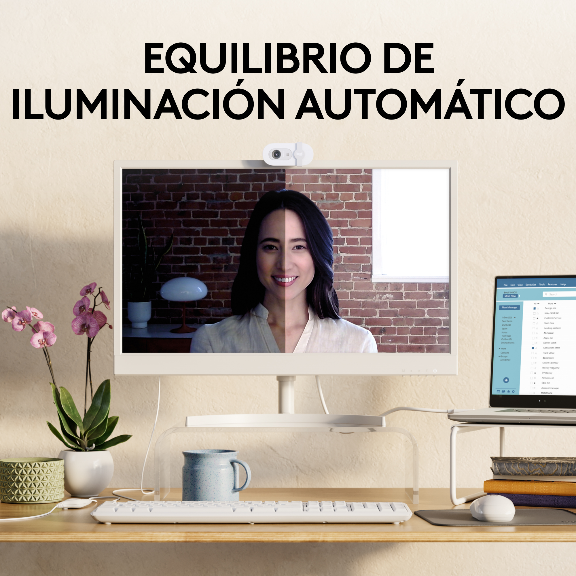 La cara de una mujer está dividida por un monitor. Un lado es más oscuro que el otro. Un escritorio.