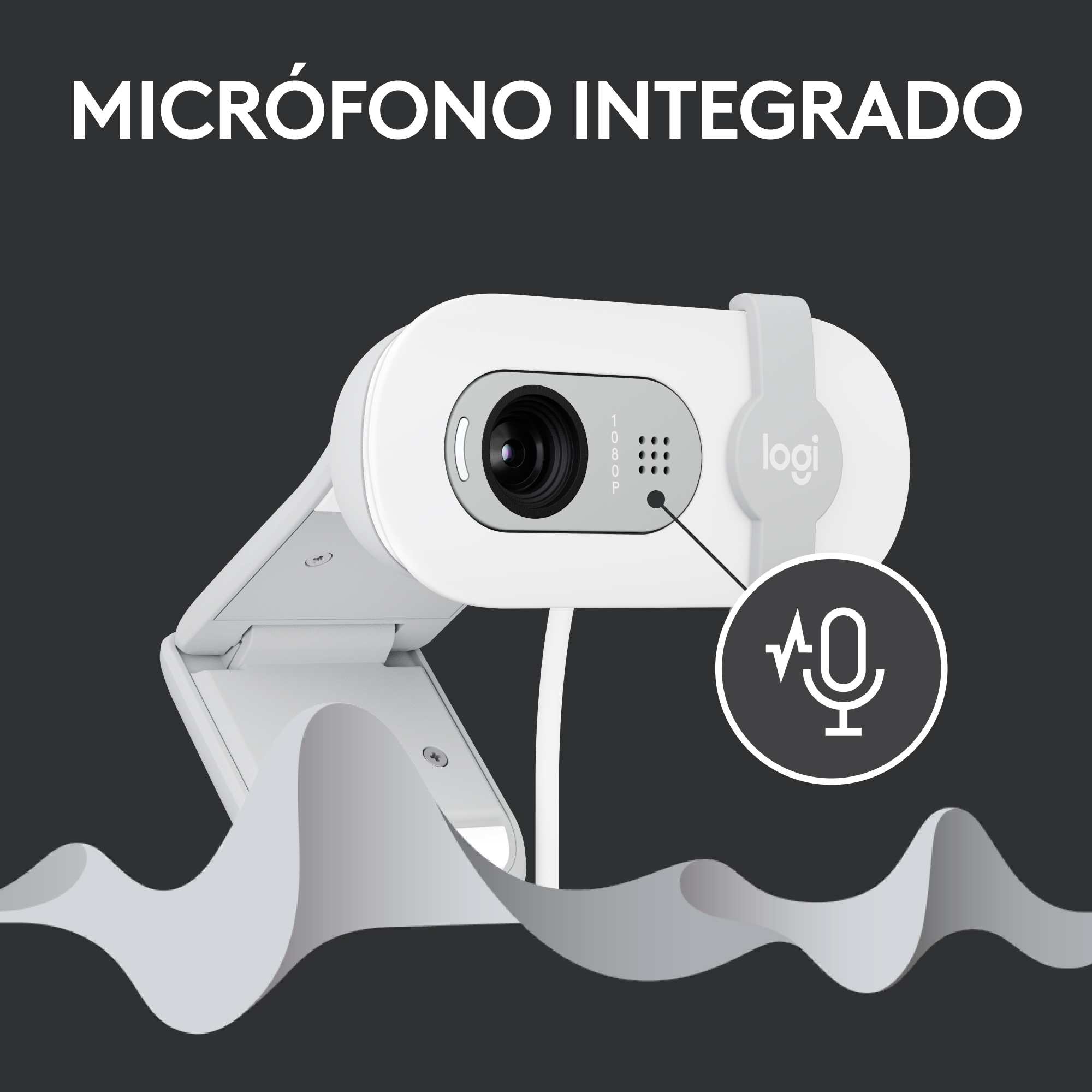 Cámara web blanca con un símbolo de micrófono. El texto dice “MICRÓFONO INTEGRADO“.