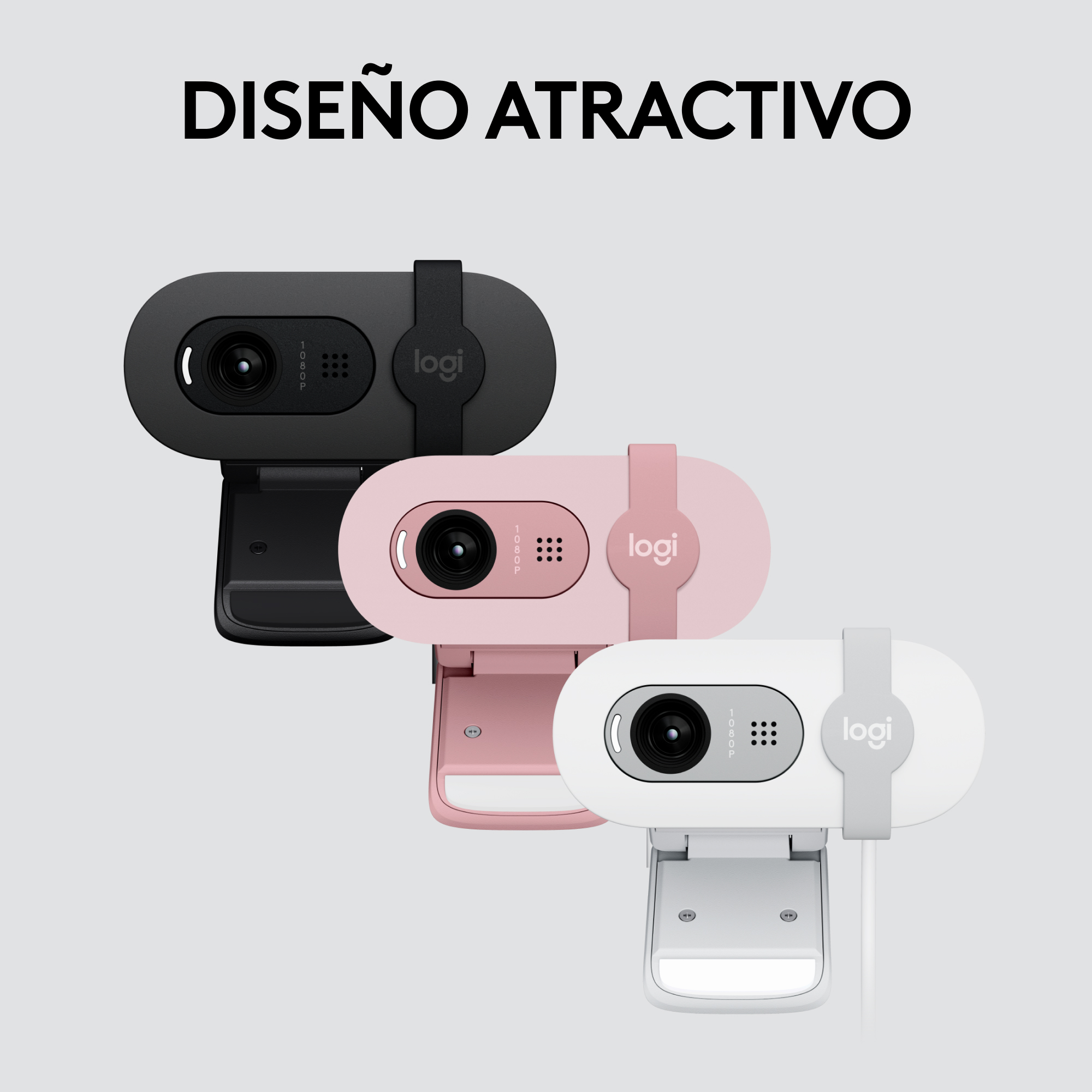 Webcams en negro, rosa y blanco. La palabra "Logi" es visible en cada webcam.