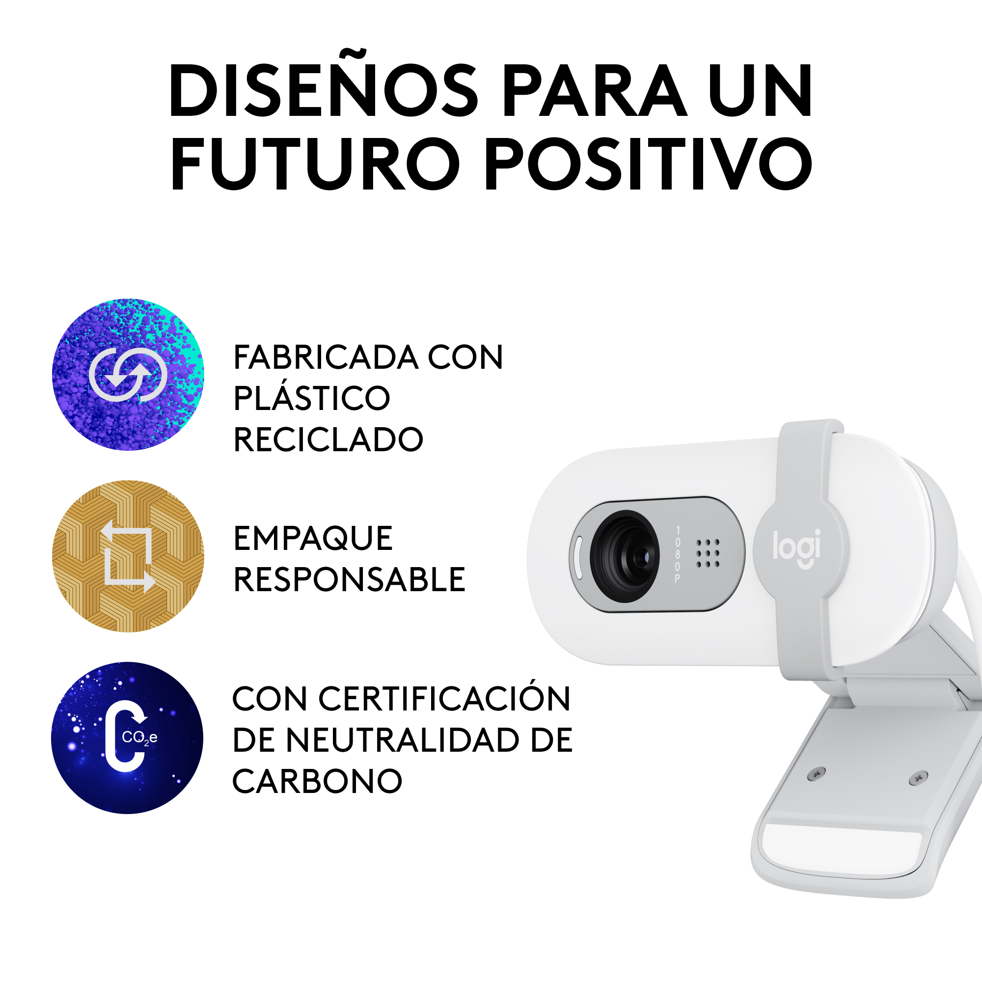 Cámara web con texto sobre plástico reciclado y neutralidad de carbono.
