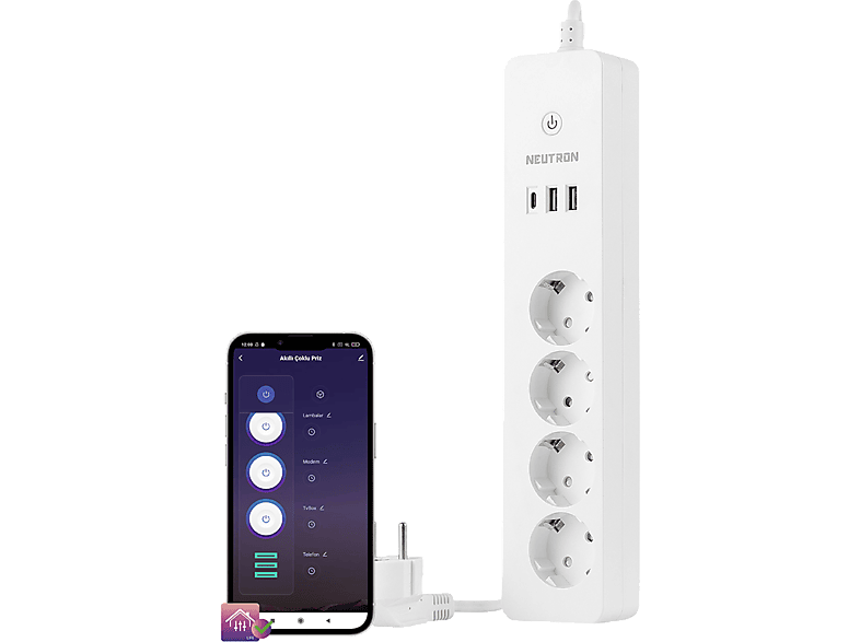 NEUTRON Akıllı Wi-Fi Destekli 4'lü Akım Korumalı Priz 2 Usb 1 Type-C Uzatma Kablosu