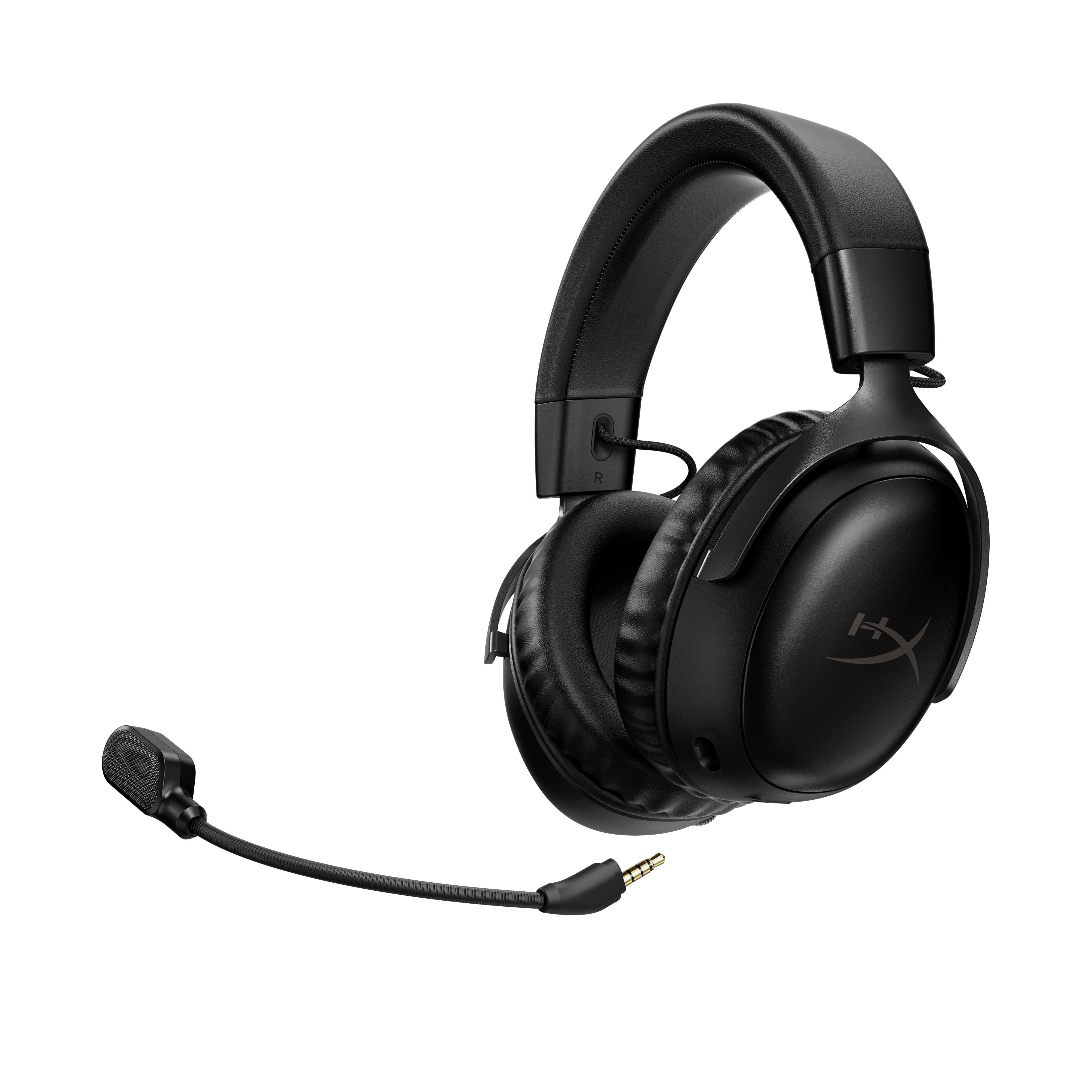 Schwarzes kabelloses Headset mit abnehmbarem Mikrofon, isoliert auf Weiß.