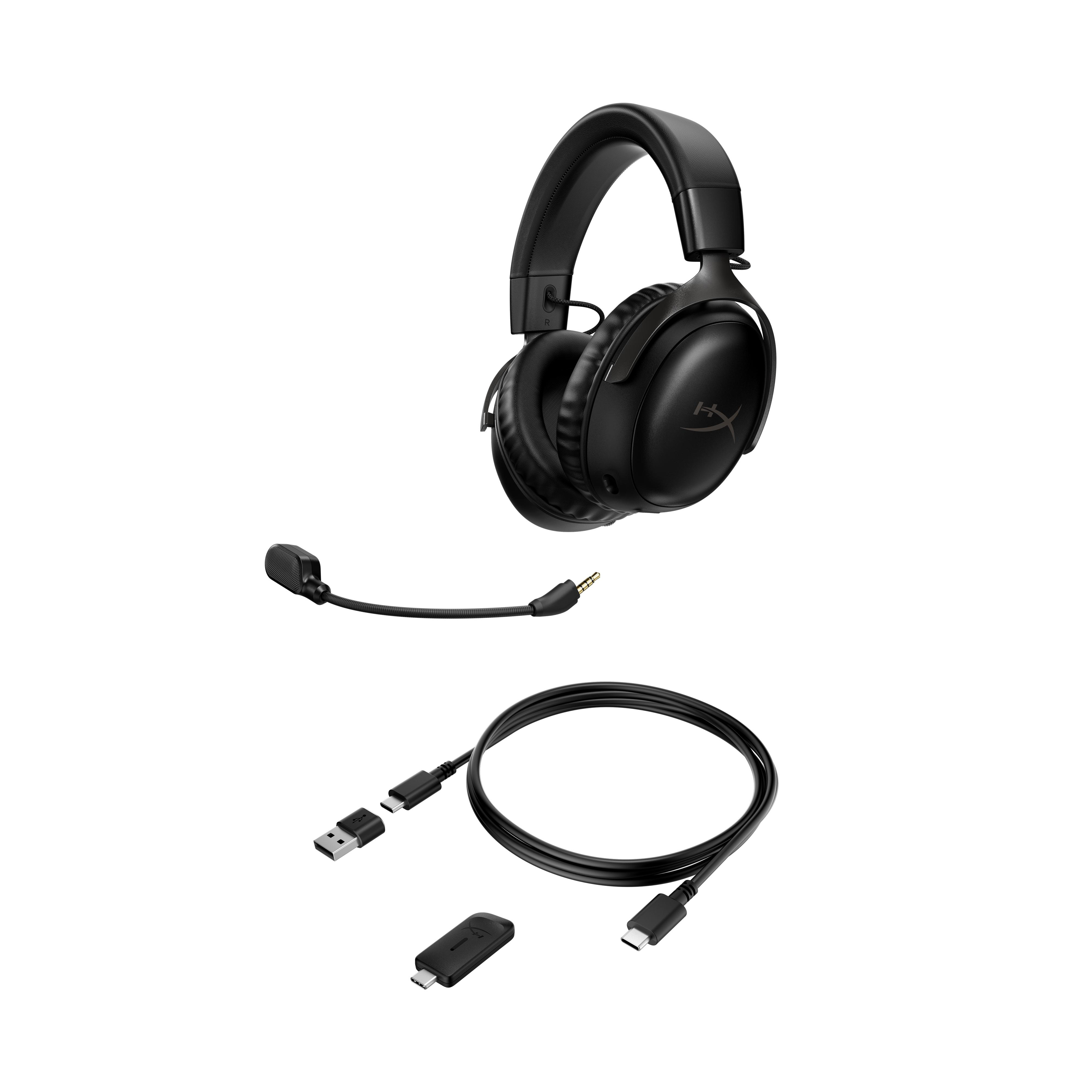 Schwarzes Headset mit abnehmbarem Mikrofon, Kabeln und USB-Adapter.