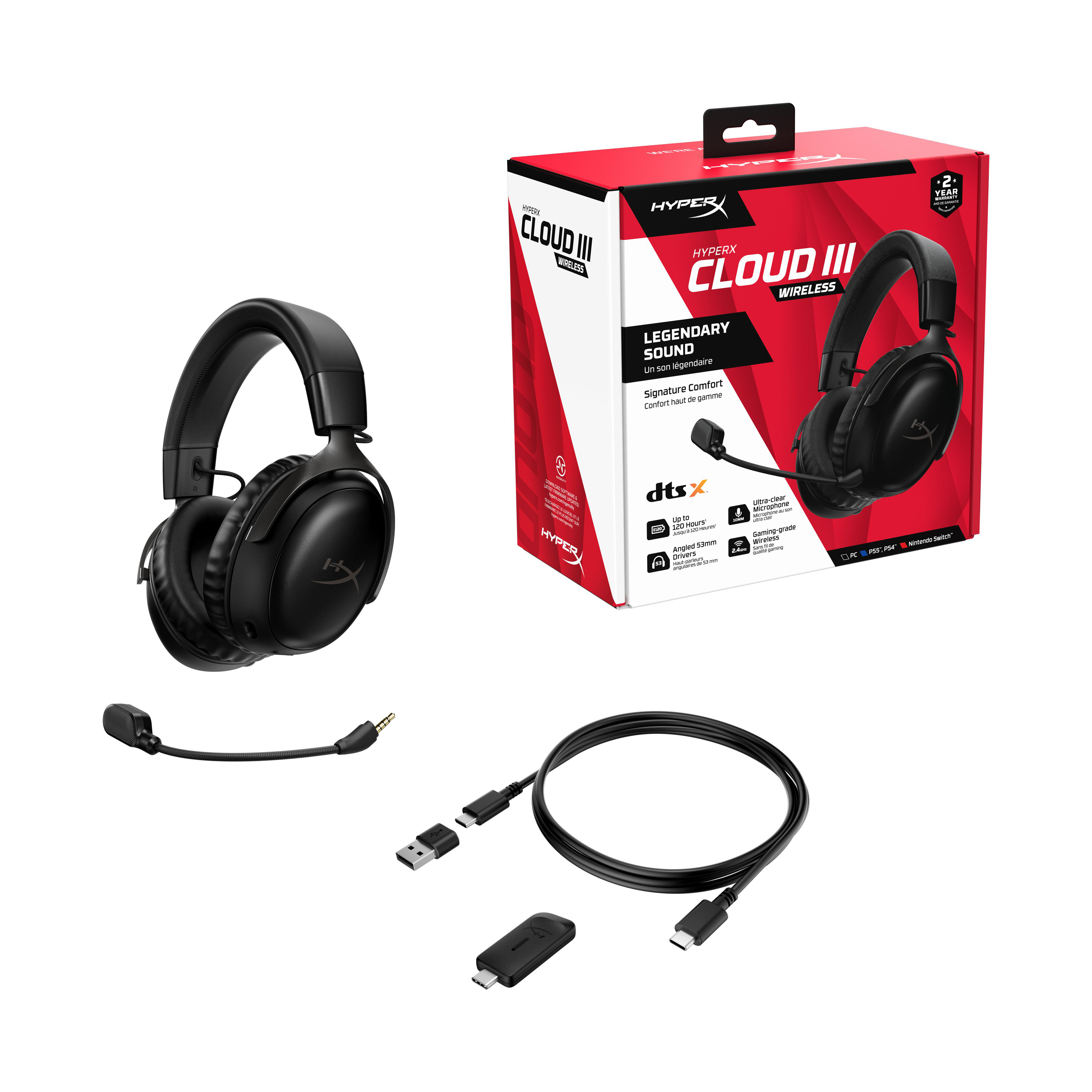 Schwarzes HyperX Cloud III Wireless Gaming-Headset und Zubehör, einschließlich abnehmbarem Mikrofon und USB-Dongle.